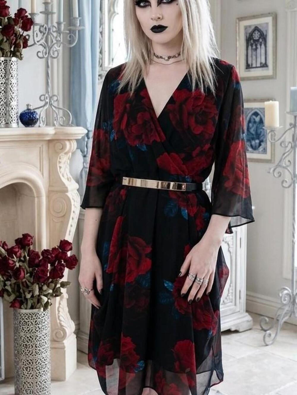 City Chic black floral midi dress with striking red roses and metallic belt